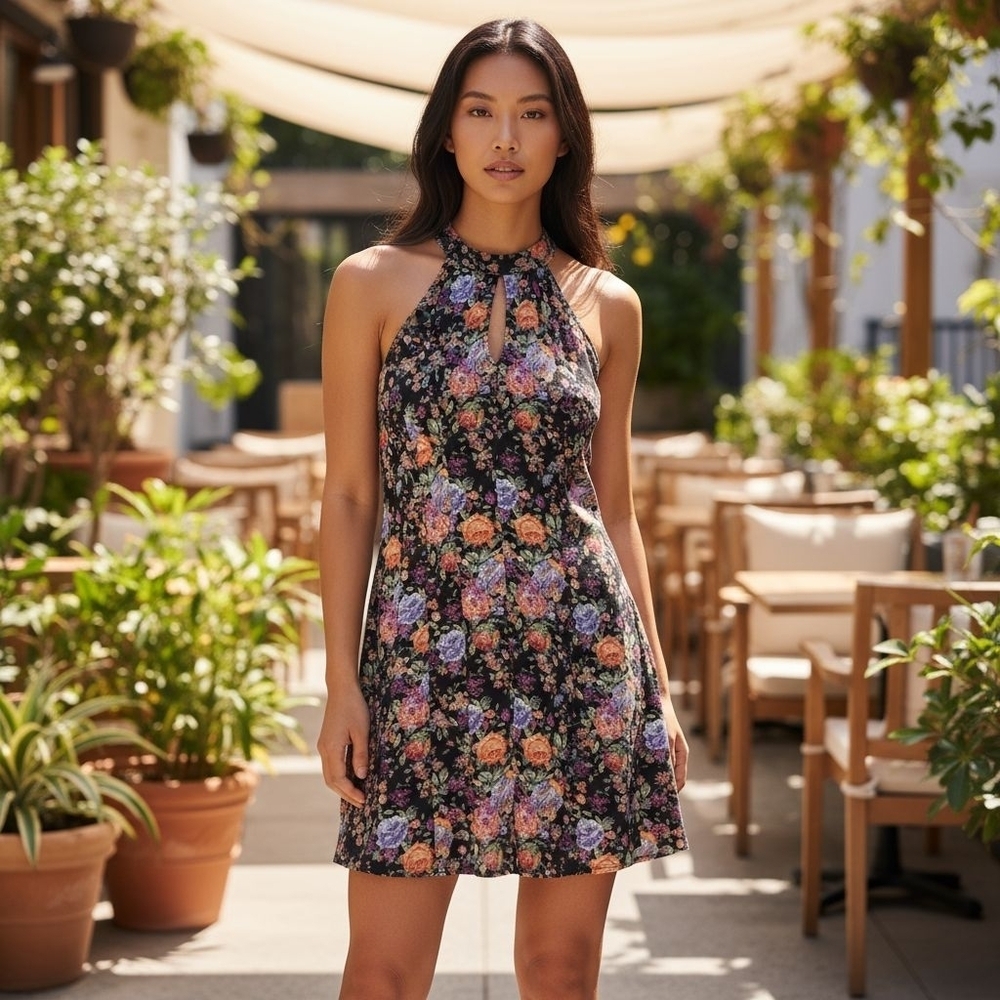 My Story Sleeveless Lined Dark Floral Halter Mini Dress Keyhole Front Back L